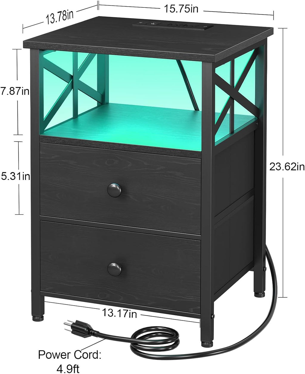 AMHANCIBLE Night Stand Set of 2 with Charging Station and LED Lights, Large 2-Drawer Bedside Tables with USB Ports and AC Outlets, Modern Nightstand for Bedroom, Black, HET052LBK