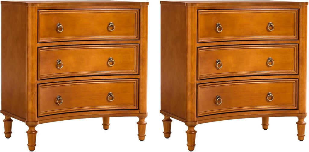 HULALA HOME 3 Drawer End Tables Set of 2 with Charging Station, 26' Wide Endtables with Solid Wood Legs and Curved Profile, Classic Side Tables for Living Room, Acorn