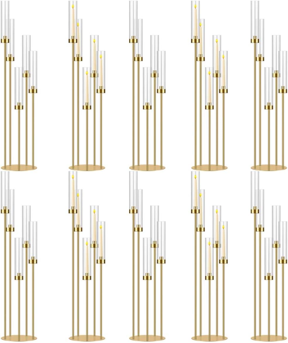 42.5in Gold Candle Holders for Table Centerpiece Candelabra Candlestick Holders Decor Wedding Centerpiece Table Decorations 5 arm Candle Holder Set of 10 Acrylic lampshade Fit 0.9' LED Candle