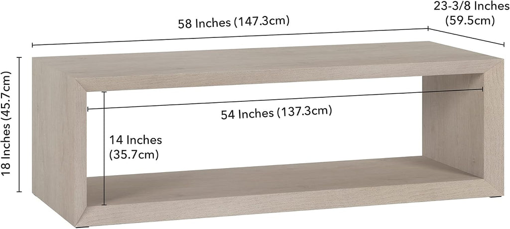 Henn&Hart 58' Rectangular Coffee Table with Open Storage Shelf for Living Room, Family Room, or Office, Beech White