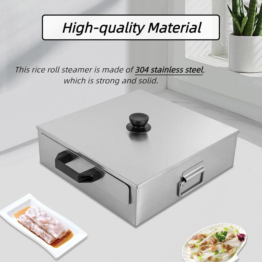 Stainless Steel Rice Noodle Roll Steamer for Hong Kong Cantonese Cuisine, 2 Trays, 12.6'x12.2'x3.74', Perfect for Asian Cooking, Durable and Easy to Clean