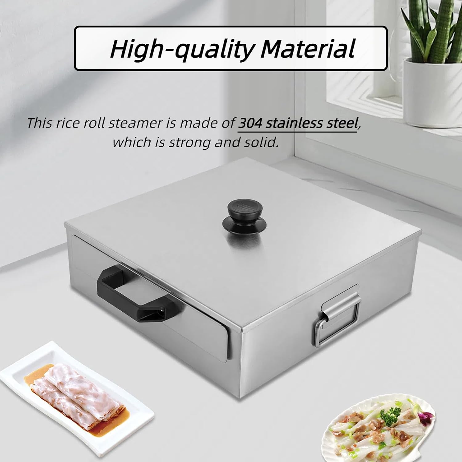 Stainless Steel Rice Noodle Roll Steamer for Hong Kong Cantonese Cuisine, 2 Trays, 12.6'x12.2'x3.74', Perfect for Asian Cooking, Durable and Easy to Clean