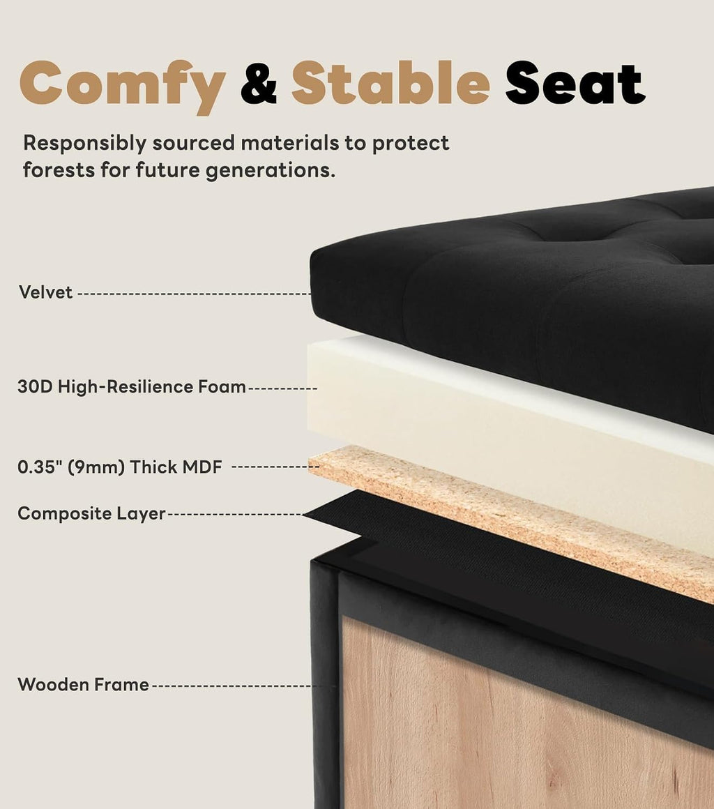 Tbfit Large Square Storage Ottoman Bench, Tufted Upholstered Coffee Table Ottoman with Lift Top & Wooden Legs, Oversized Storage Ottomans Toy Box for Living Room (Black Velvet)