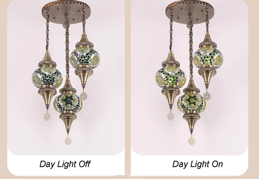 Turkish Mosaic 3 Globes Chandelier, Bohemian Moroccan Bronze Plating Red White Blue Green Shade Ceiling Hanging Lamp Kitchen Light for Bedroom, Cafe, Living Room, Entry,Green