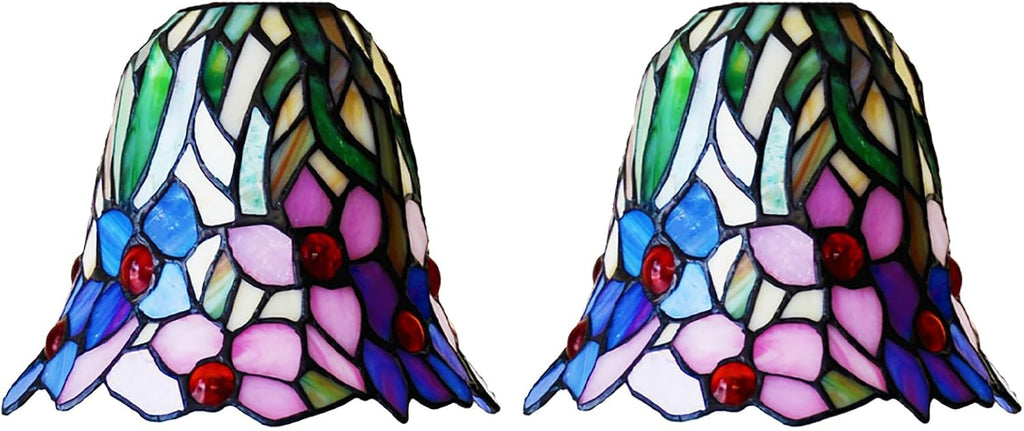 2 Set Blue Pink Stained Glass Lampshade Replacement, Vintage Handmade Tiffany Style 7 Inch White Green Glass Shade for Table Lamp, Ceiling Lamp, Wall Lamp, Chandelier