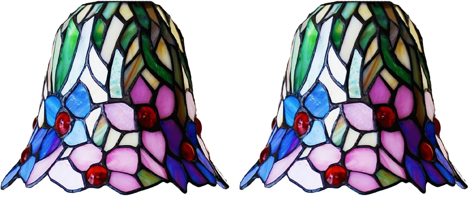2 Set Blue Pink Stained Glass Lampshade Replacement, Vintage Handmade Tiffany Style 7 Inch White Green Glass Shade for Table Lamp, Ceiling Lamp, Wall Lamp, Chandelier
