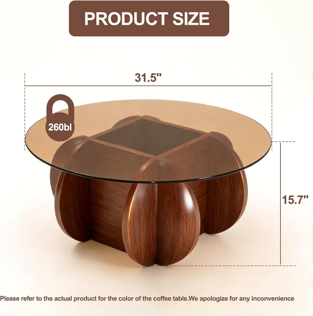 Modern Round Coffee Table with Solid Wood Legs,31.5'' Glass Coffee Tables for Living Room Rustic Circle Center Cocktail Table with Tempered Glass-Top,for Small Spaces, Unique | Modern