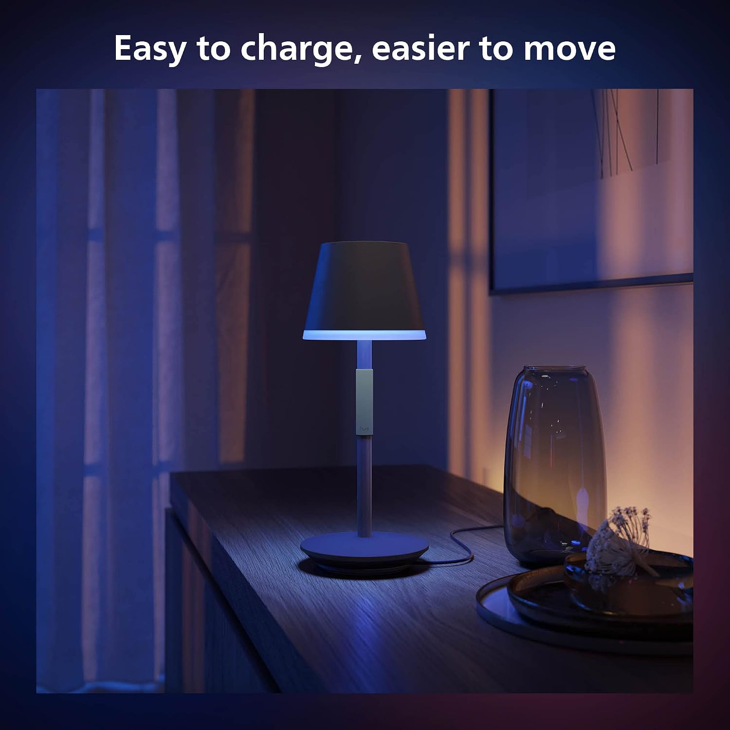 PHILIPS Hue Go Smart Portable Table Lamp, 1 Pack, Black, White and Color Ambiance LED Color-Changing Light, Smart LED Lamp For Indoor and Outdoor Use, Control with Hue App or Voice Assistant