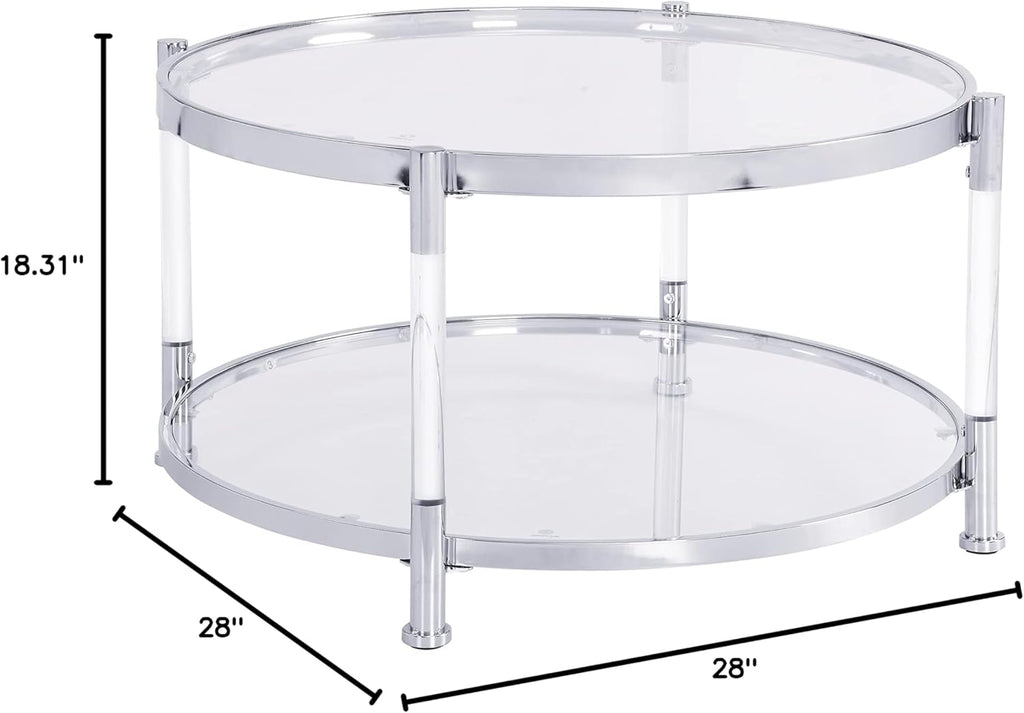 Tempered Glass Round Coffee Table, 28' Modern Acrylic Legs Circle Center Table for Living Room