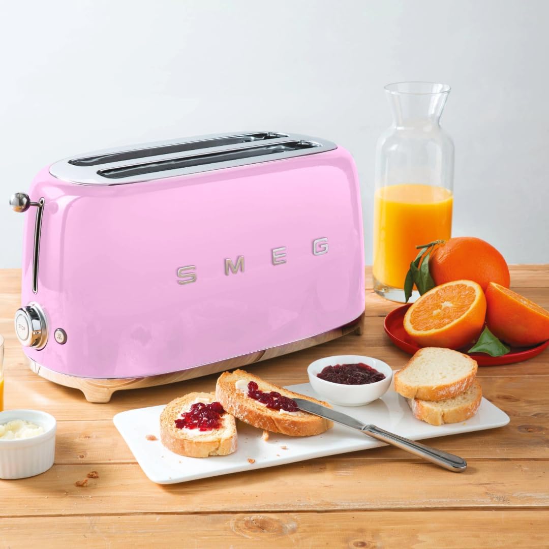 SMEG 4 Slice Toaster TSF02, Long Slot Toaster with Wide Slots for Bagels & Artisan Bread, Retro Stainless Steel, 6 Browning Levels, Defrost Reheat Bagel Functions, 1400W - (Pink)