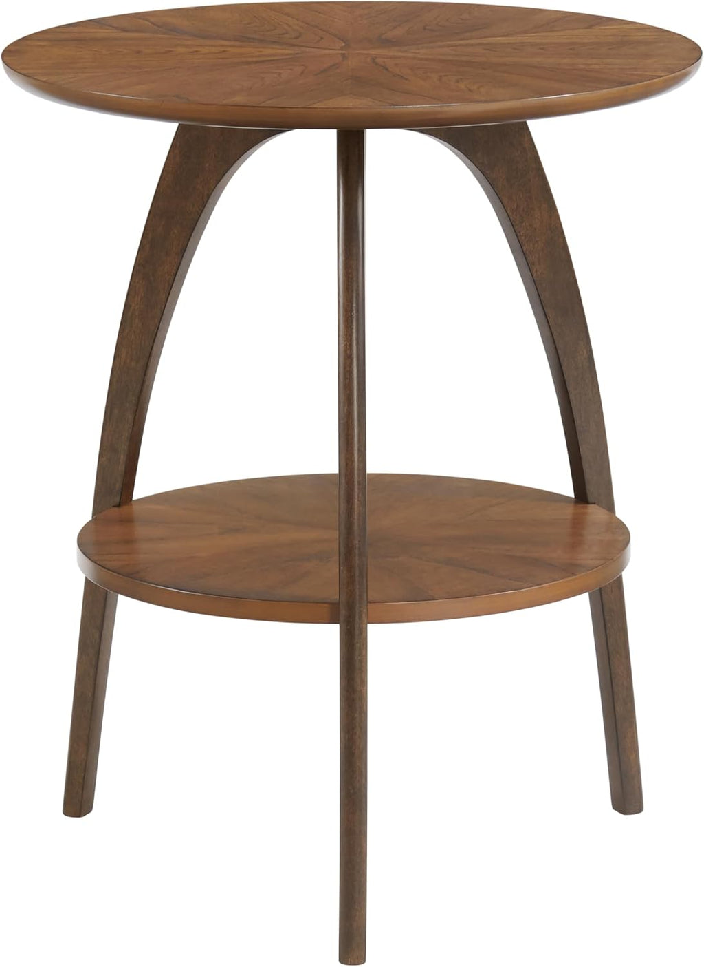 Retro Mid-Century Modern Round Wood End Table, Solid Grain Side Table with Lower Shelf, Small Accent Table for Living Room or Nightstand. Nutmeg Brown Top with Espresso Brown Legs