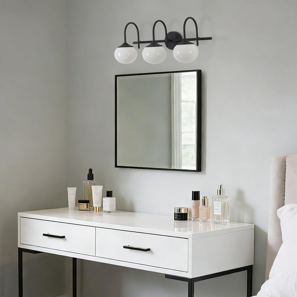 BOKT Farmhouse 3-Light Bathroom Vanity Light Black Vanity Light Over Mirror Industrial Bathroom Sconces Wall Lighting Milk White Glass Lampshade Rustic Wall Lamp for Bedroom Hallway