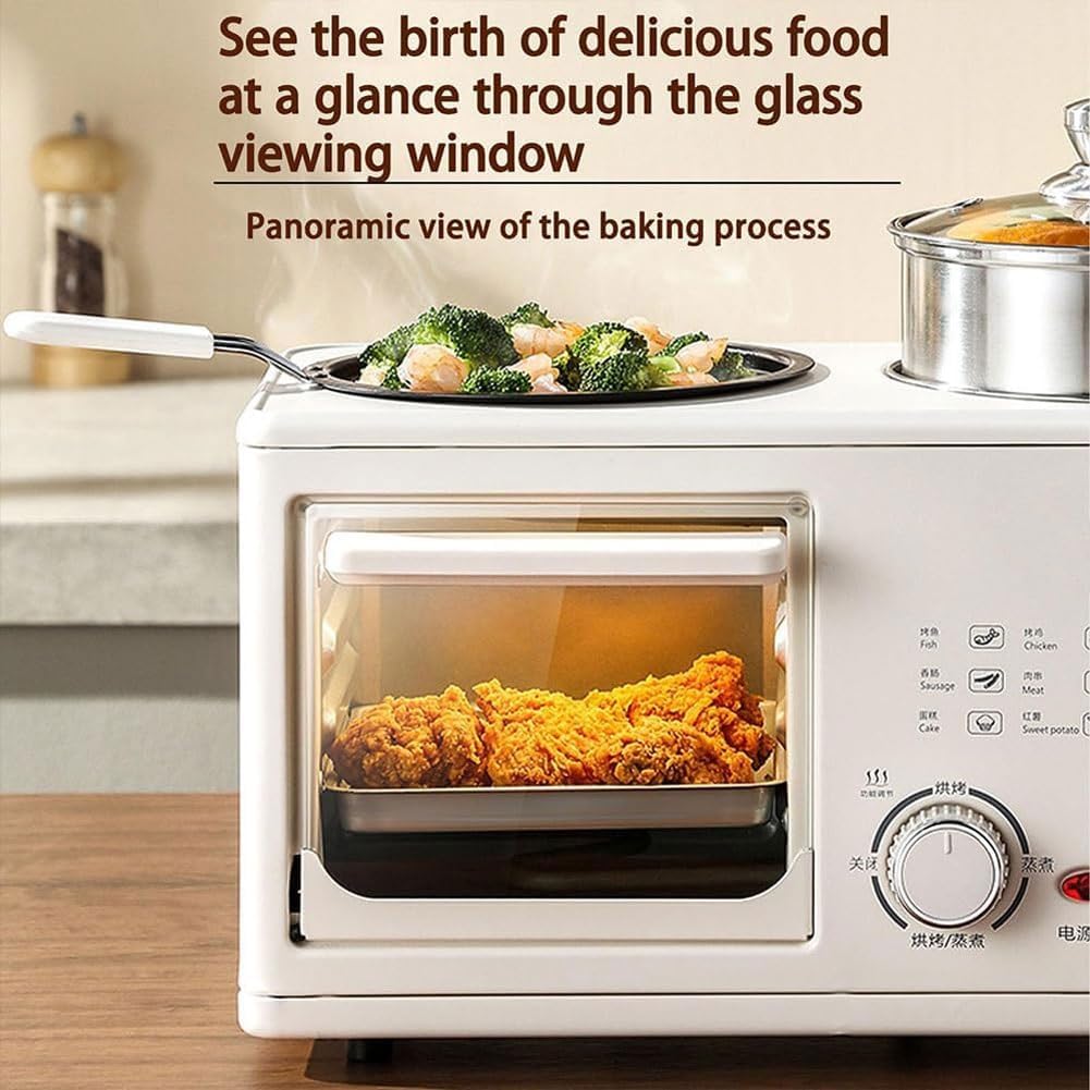 Electric Breakfast Machine,4-in-1 Breakfast Maker Station with 8L Oven, Frying Pan and Steamer, 0-60Min Timer Knob, S-Type Double Heating Tube, 1200W Breakfast Egg Sandwich Maker for Home