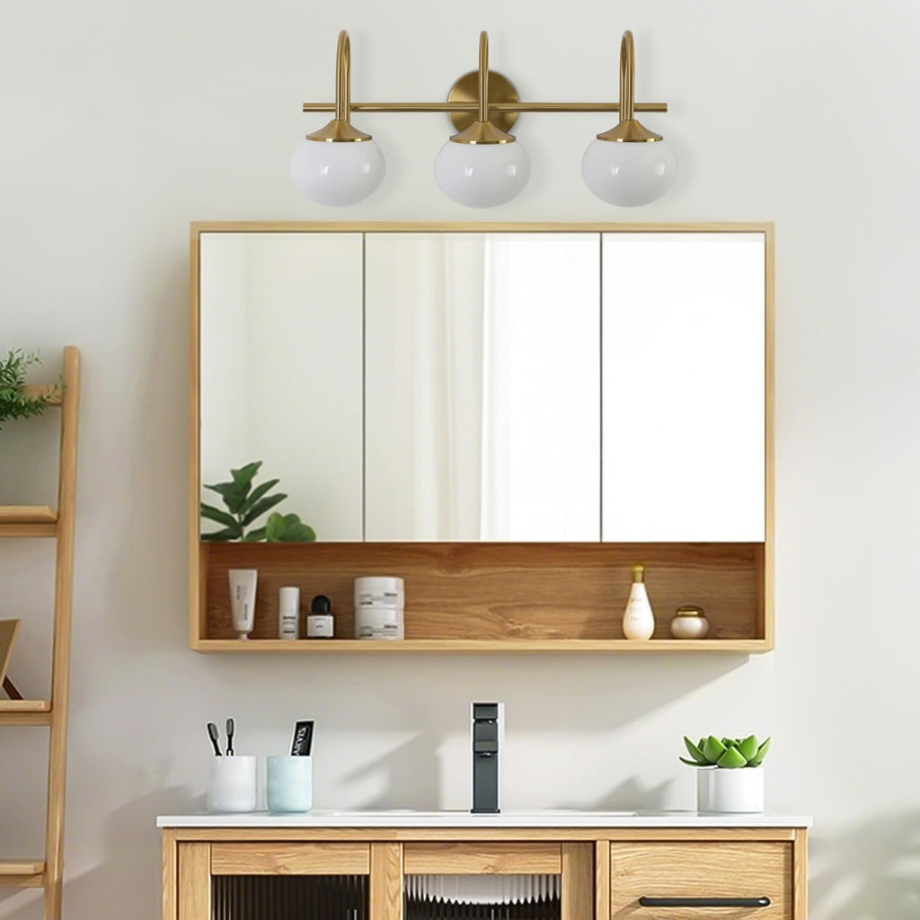 BOKT Modern Vanity Light Fixtures Mid Century 3-Light Bathroom Vanity Lights Fixtures Over Mirror with Milk White Glass Globe Shade Gold Wall Sconce for Living Room Dressing Table