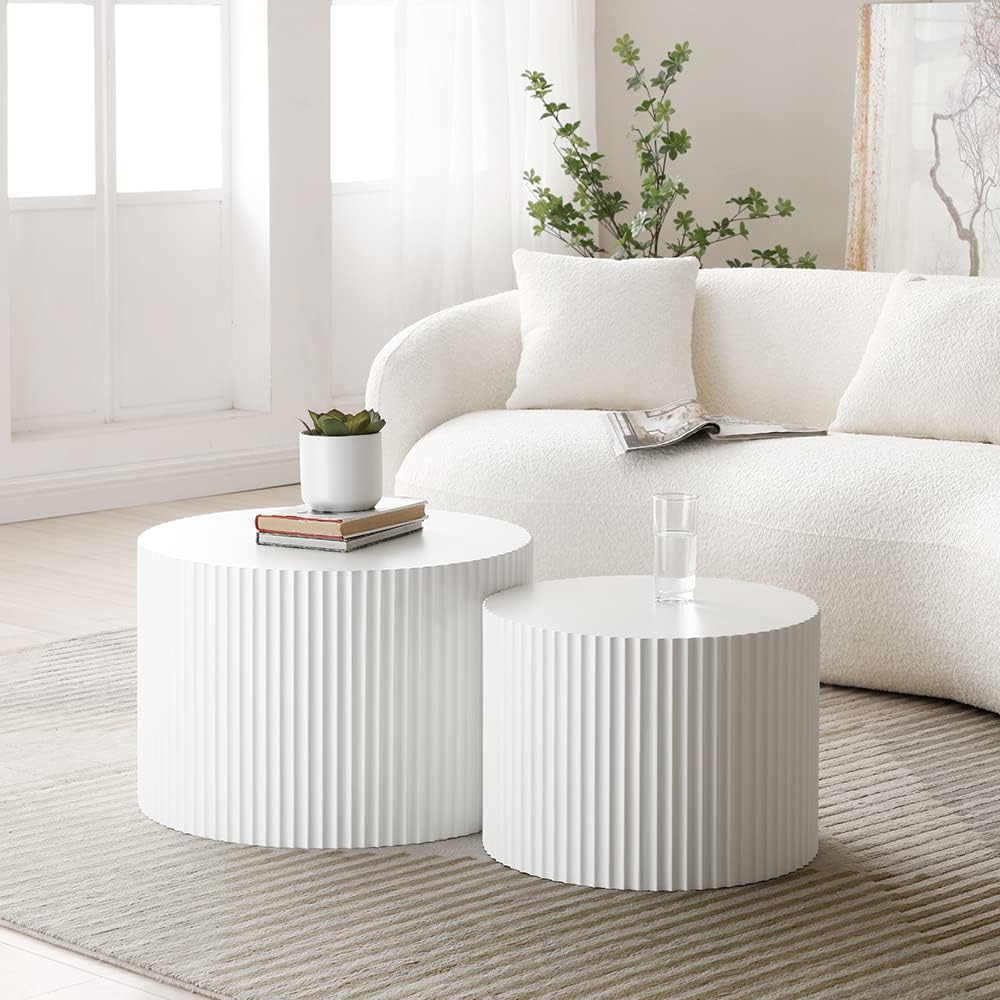 WILLIAMSPACE White Round Coffee Table Set of 3, Modern Circle Wood Coffee Table Set, 3 Peice Nesting Coffee Accent Side Table End Table for Home Office, No Assembly (3 PCS, White)