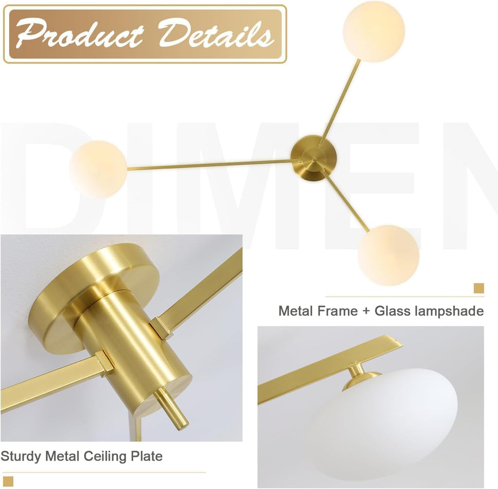 3-Light Gold Sputnik Ceiling Light Fixture,with Opal Glass Shade | low ceiling gold chandelier, dining room bedroom foyer, warm ambient lighting, easy DIY install, mid-century style