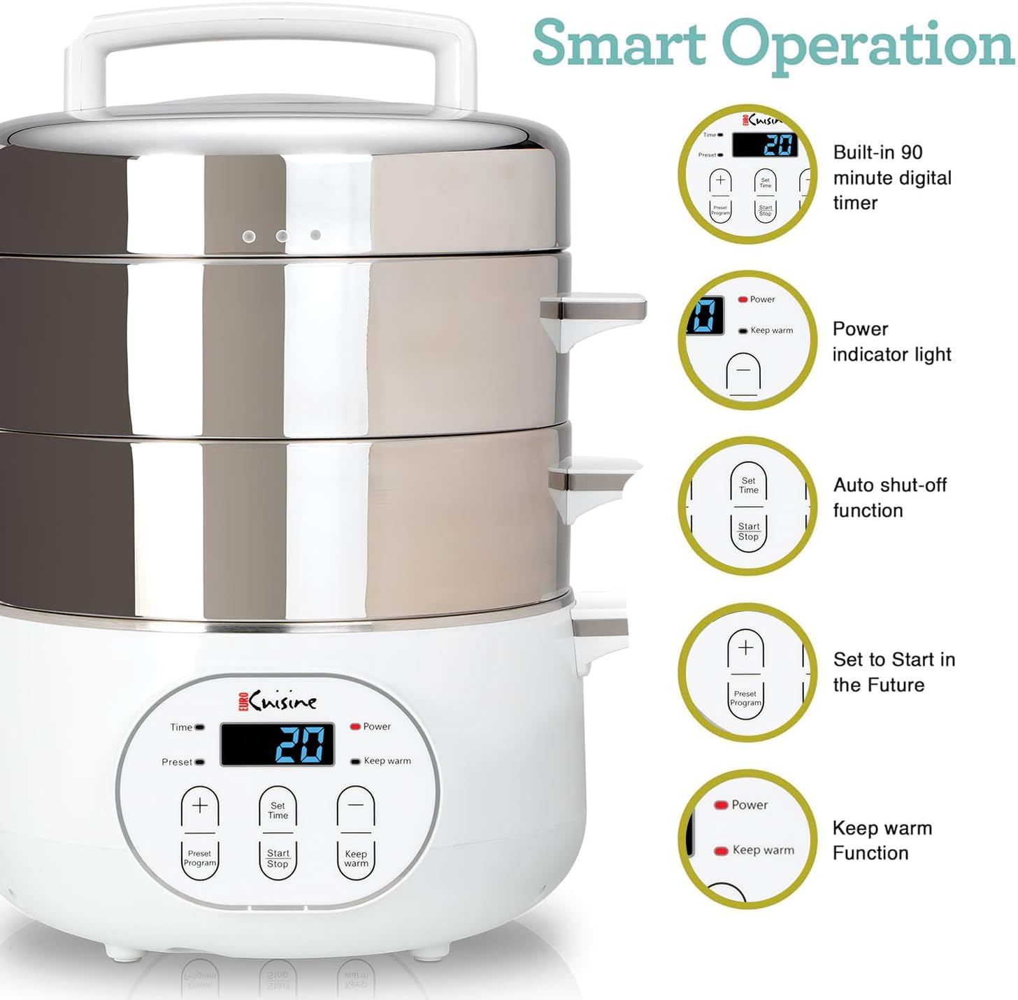 Euro Cuisine FS2500 Electric Food Steamer, Versatile Vegetable Steamer & Steam Cooker Ideal for Fish, Veggie, Meat, Stainless Steel 1200 Watts