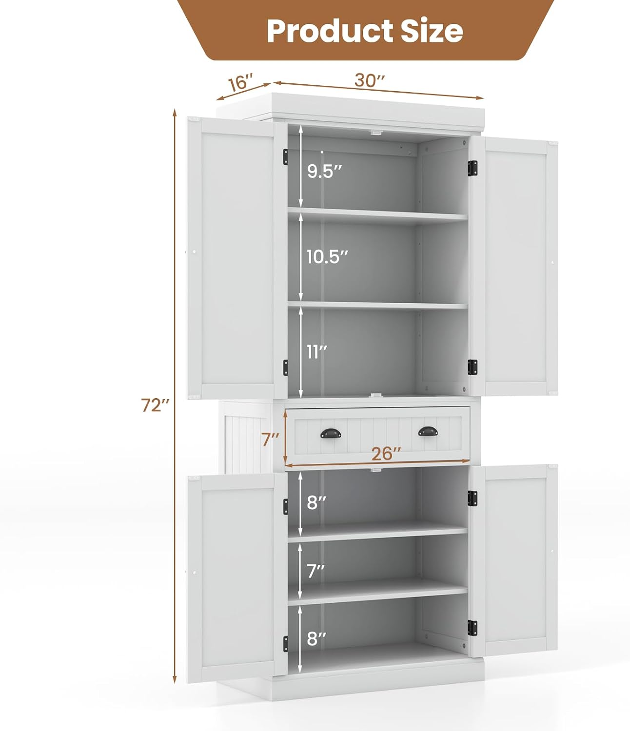 Giantex Pantry Organizers and Storage, 72' Tall Kitchen Cabinet with 2-Door Cabinets & Drawer, Buffet Sideboard w/Adjustable Shelves, Wooden Freestanding Cupboard for Dining Room Living Room (White)
