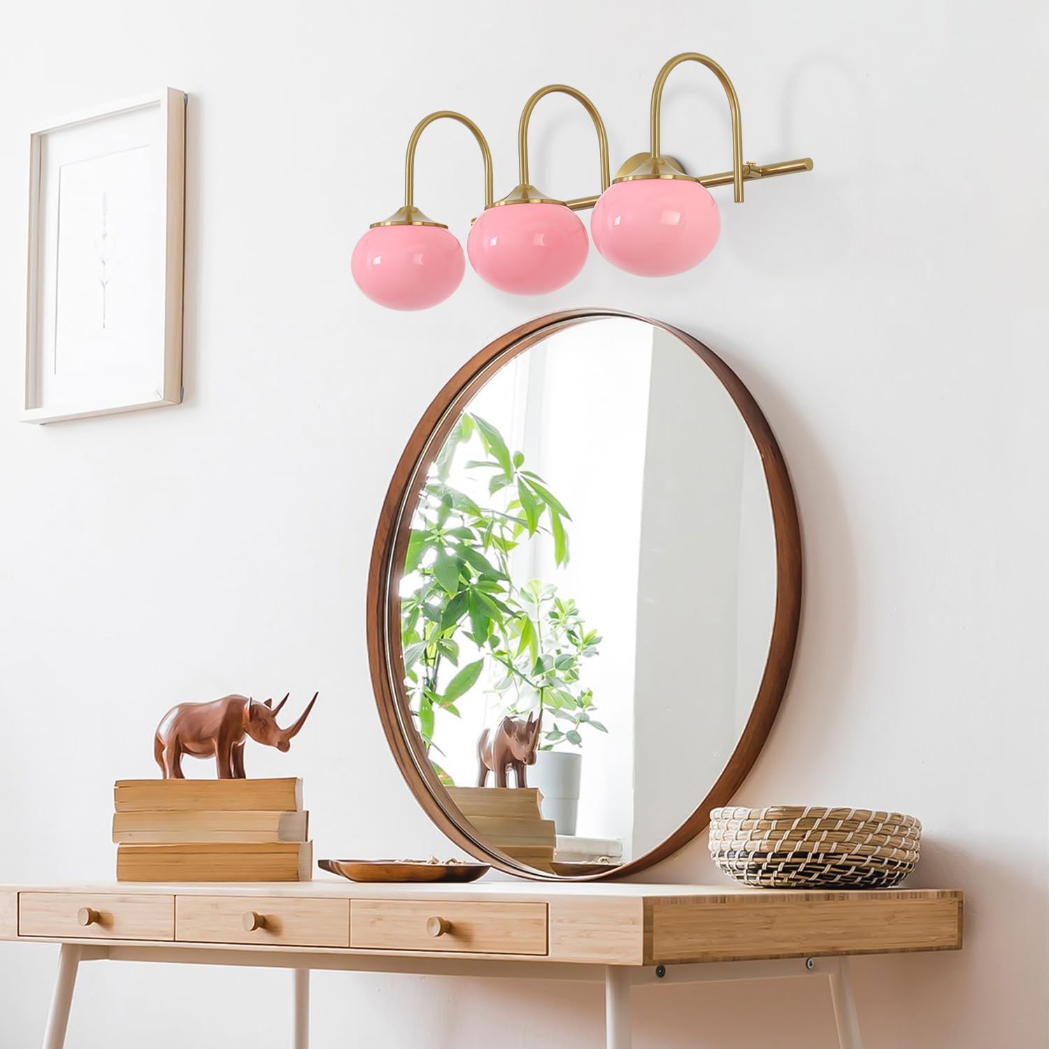 BOKT Gold Bathroom Light Fixture Pink Glass Ball Shades 3-Lights Vintage Vanity Lights Over Mirror E26 Base Modern Wall Sconces Bathroom Wall Lamp for Hallway Bedroom