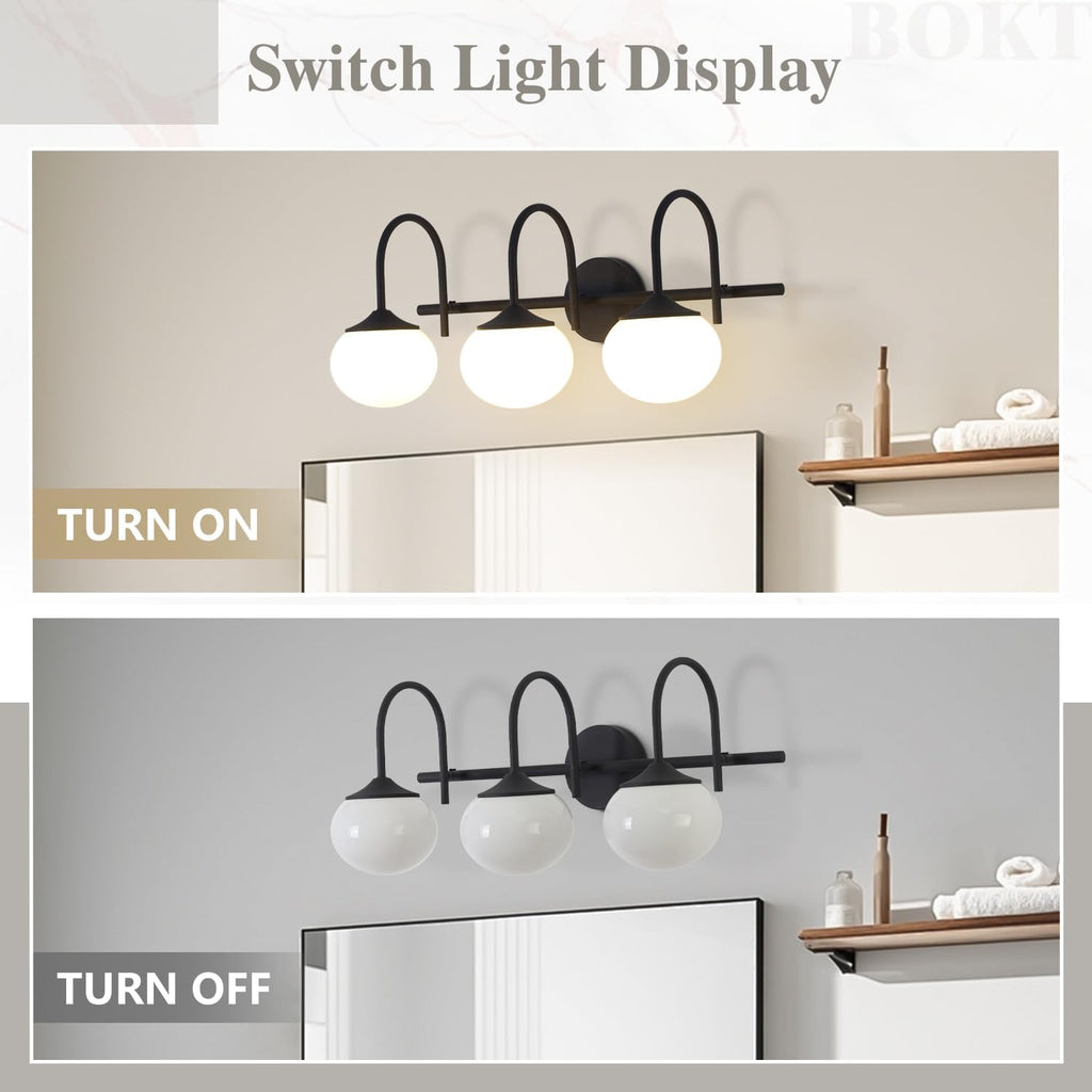 BOKT Farmhouse 3-Light Bathroom Vanity Light Black Vanity Light Over Mirror Industrial Bathroom Sconces Wall Lighting Milk White Glass Lampshade Rustic Wall Lamp for Bedroom Hallway
