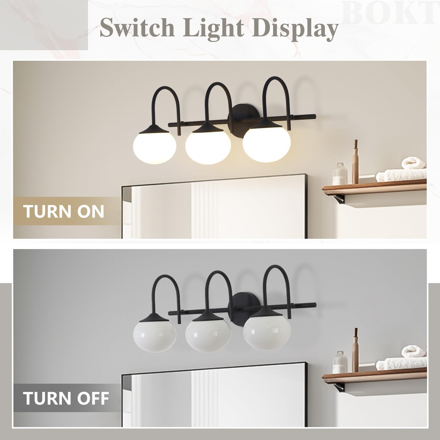 BOKT Farmhouse 3-Light Bathroom Vanity Light Black Vanity Light Over Mirror Industrial Bathroom Sconces Wall Lighting Milk White Glass Lampshade Rustic Wall Lamp for Bedroom Hallway