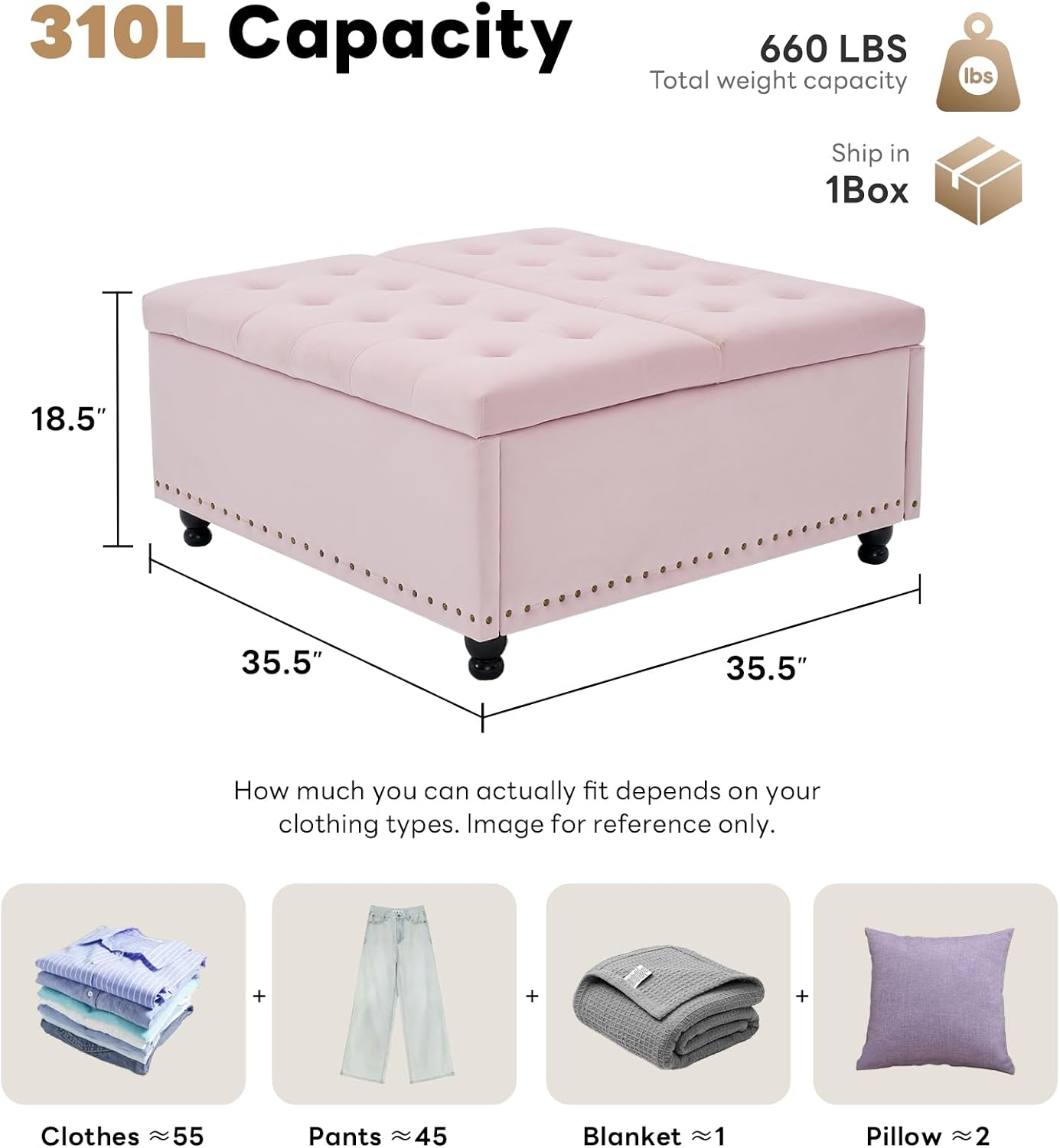 Tbfit Large Square Storage Ottoman Bench, Tufted Upholstered Coffee Table Ottoman with Lift Top & Wooden Legs, Oversized Storage Ottomans Toy Box for Living Room (Pink)