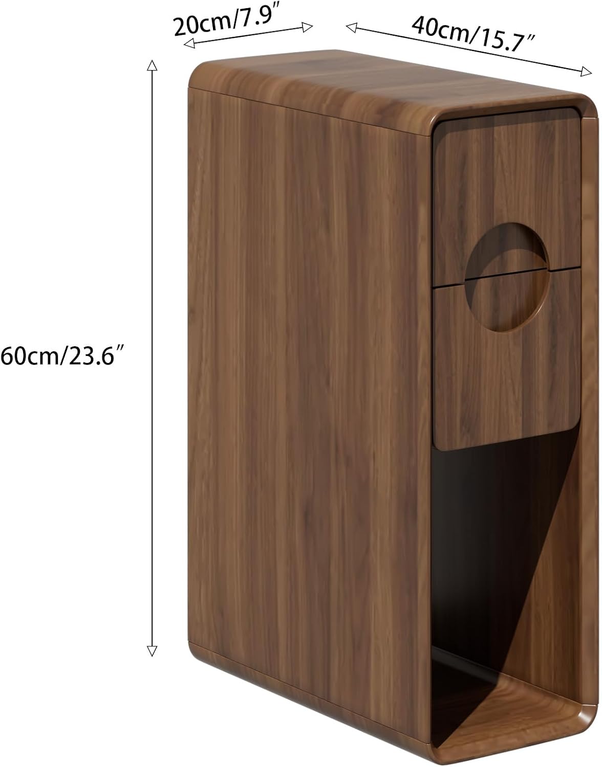 Narrow Walnut Nightstand Set of 2, Small Bedside Table with Circular Drawer, Skinny Side End Table, Wood Nightstand, Mid Century Modern Night Stand for Bedroom, Small Spaces, Slim, Vintage, Boho