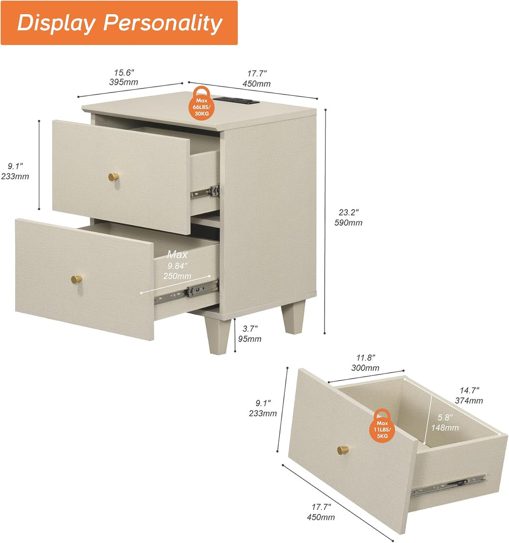 WAMPAT Set of 2 Nightstands with Charging Station&2 Drawers Storage, Modern End Tables Mid-Century Wood Bedside Tables with 2 AC Outlets & USB Ports for Living Room, Bedroom, Beige Faux Linen