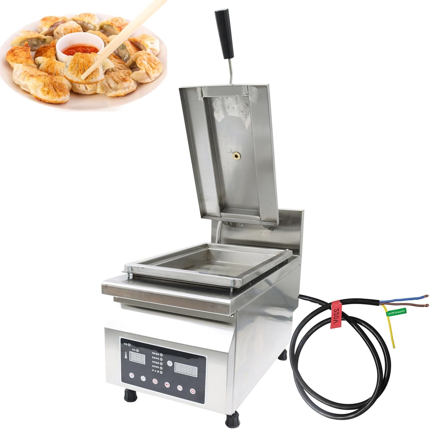 TECHTONGDA Dumpling Frying Machine, 220V Automatic Single Head Fried Dumpling Machine, Pot Paste Electric Baking Pan, Automatic Water Spray, Pancake Maker, Inner Pot Size 12.6 x 8.5 x 2 Inch, 3200W