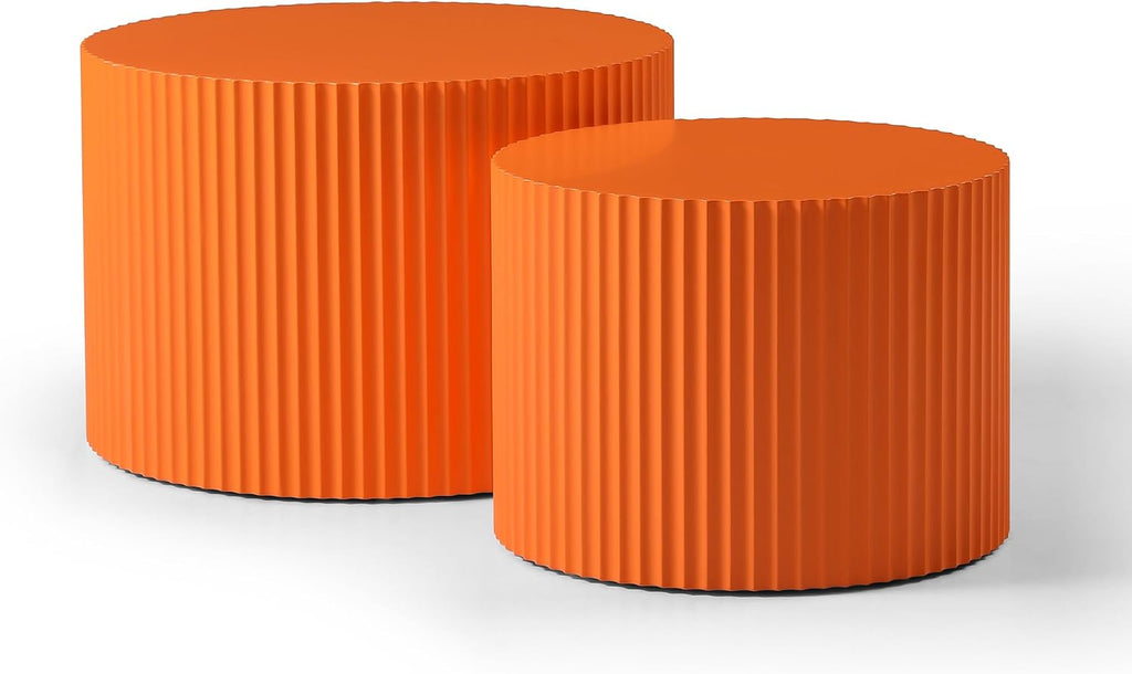Nesting Coffee Table Set of 2, 23.6 inch Round Coffee Tables, MDF Nesting Tables with Roman Column Design, Modern Handcrafted Wooden Drum Accent Tables for Living Room - Orange