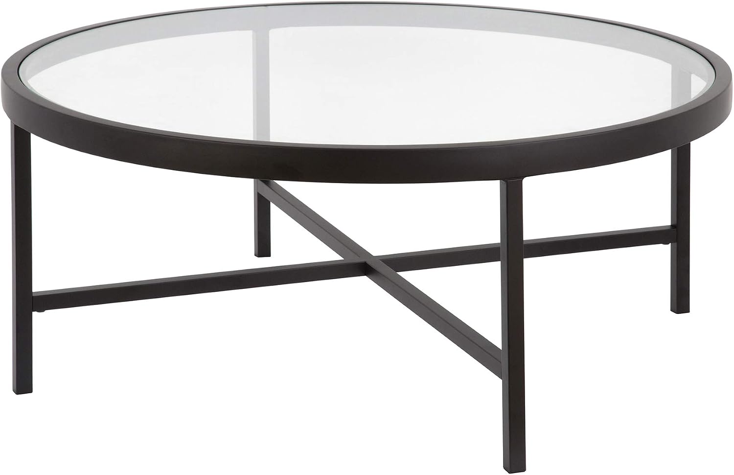 Henn&Hart 36' Wide Round Coffee Table with Glass Top in Blackened Bronze, Modern coffee tables for living room, studio apartment essentials