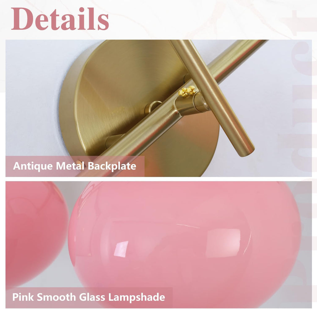 BOKT Gold Bathroom Light Fixture Pink Glass Ball Shades 3-Lights Vintage Vanity Lights Over Mirror E26 Base Modern Wall Sconces Bathroom Wall Lamp for Hallway Bedroom