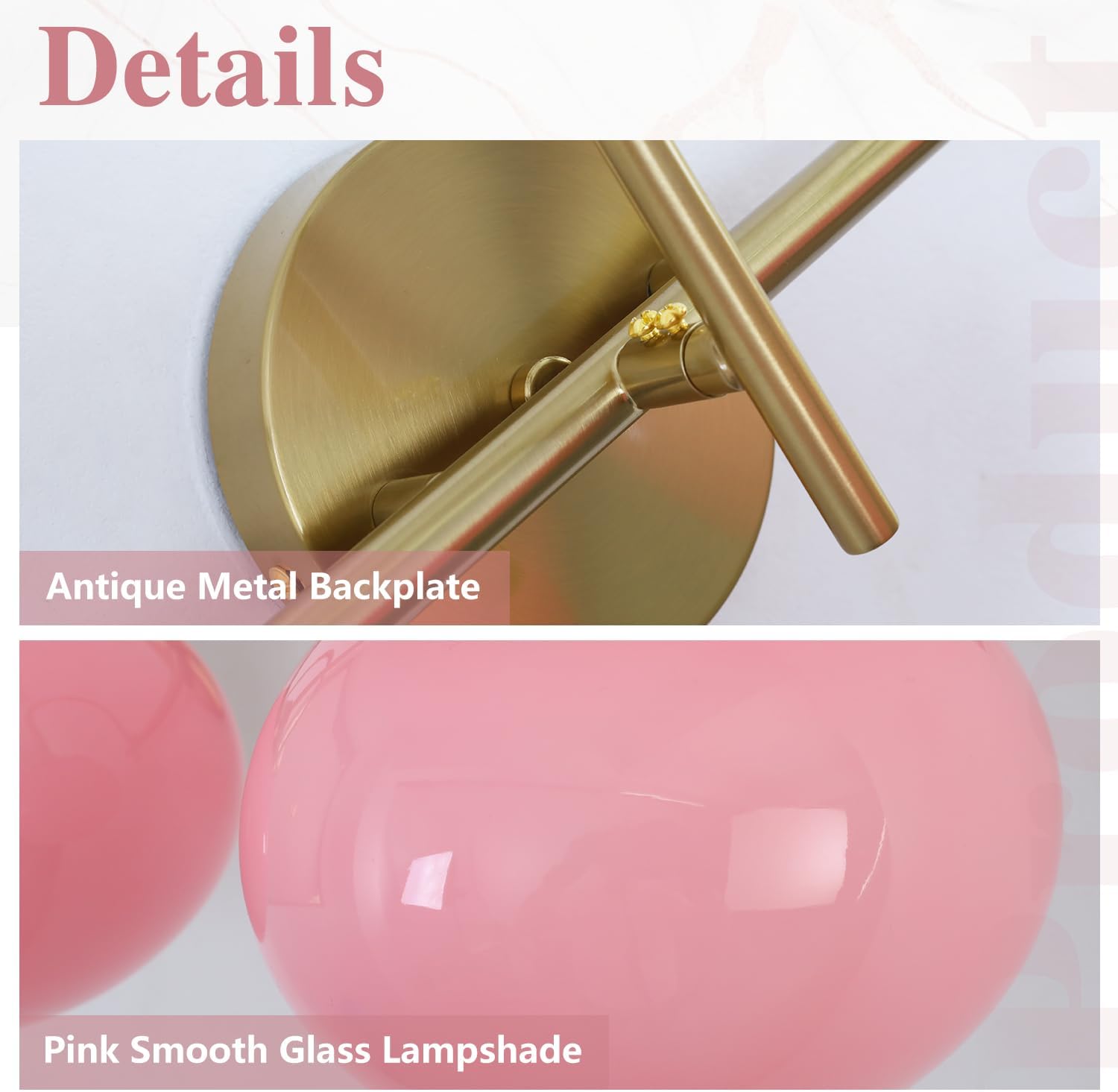 BOKT Gold Bathroom Light Fixture Pink Glass Ball Shades 3-Lights Vintage Vanity Lights Over Mirror E26 Base Modern Wall Sconces Bathroom Wall Lamp for Hallway Bedroom