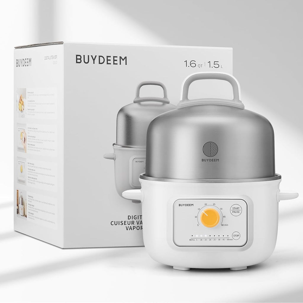 BUYDEEM G32 Electric Food Steamer 1.6QT, Stainless Steel Steamer for Vegetable Egg Seafood, 8 Time Settings, Triple Dry Protection, Quick Steam, Healthy Cooking for 1-2 Servings, Arctic White
