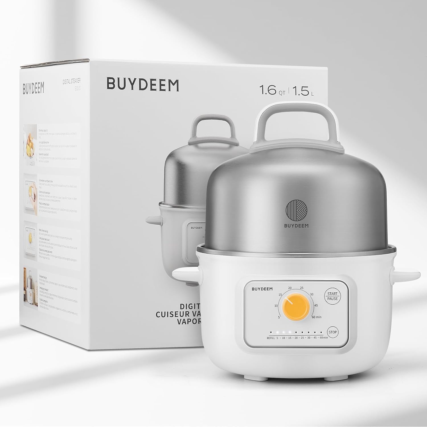 BUYDEEM G32 Electric Food Steamer 1.6QT, Stainless Steel Steamer for Vegetable Egg Seafood, 8 Time Settings, Triple Dry Protection, Quick Steam, Healthy Cooking for 1-2 Servings, Arctic White