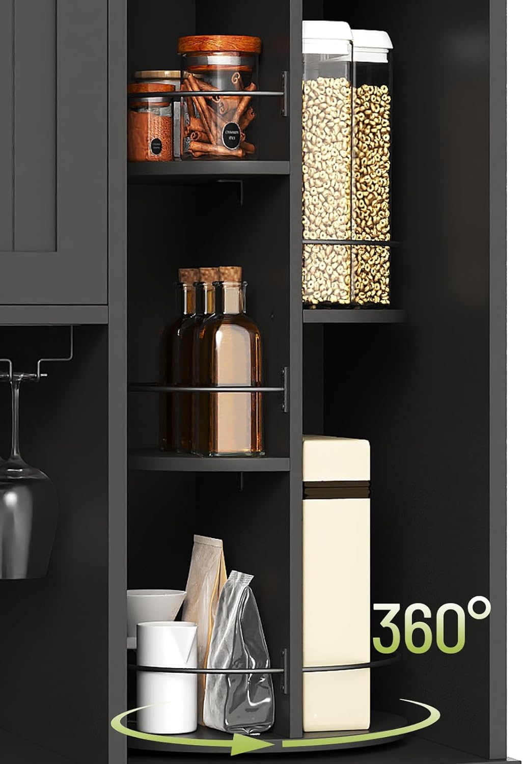 Pantry Cabinet, 67.7' Tall Kitchen Pantry Storage Cabinet with 360° Rotating Shelf & 2 Pull-Out Racks, Freestanding Kitchen Hutch with Charging Station & Drawer, for Dining Room, Black