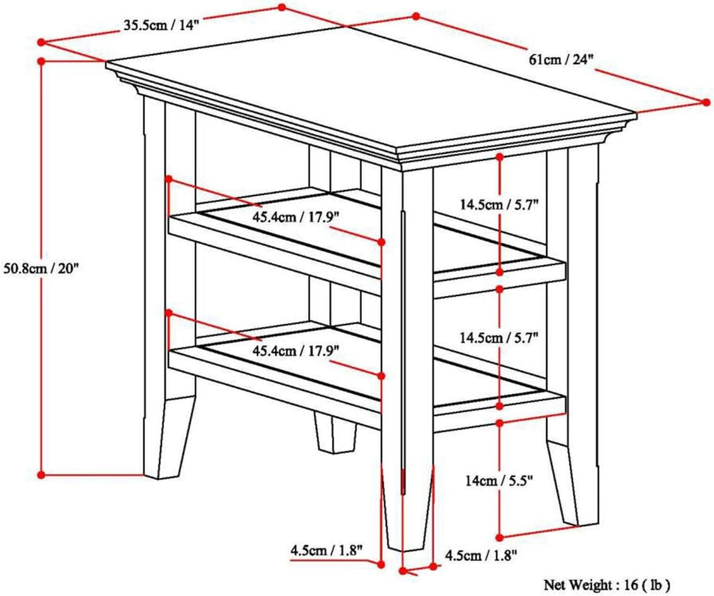 SIMPLIHOME Acadian Narrow Side Table - 14 inch Wide Solid Wood Rectangular End Table with 2 Open Shelves in Farmhouse Brown, Transitional Lamp Stand or Nightstand for Living Room or Bedroom