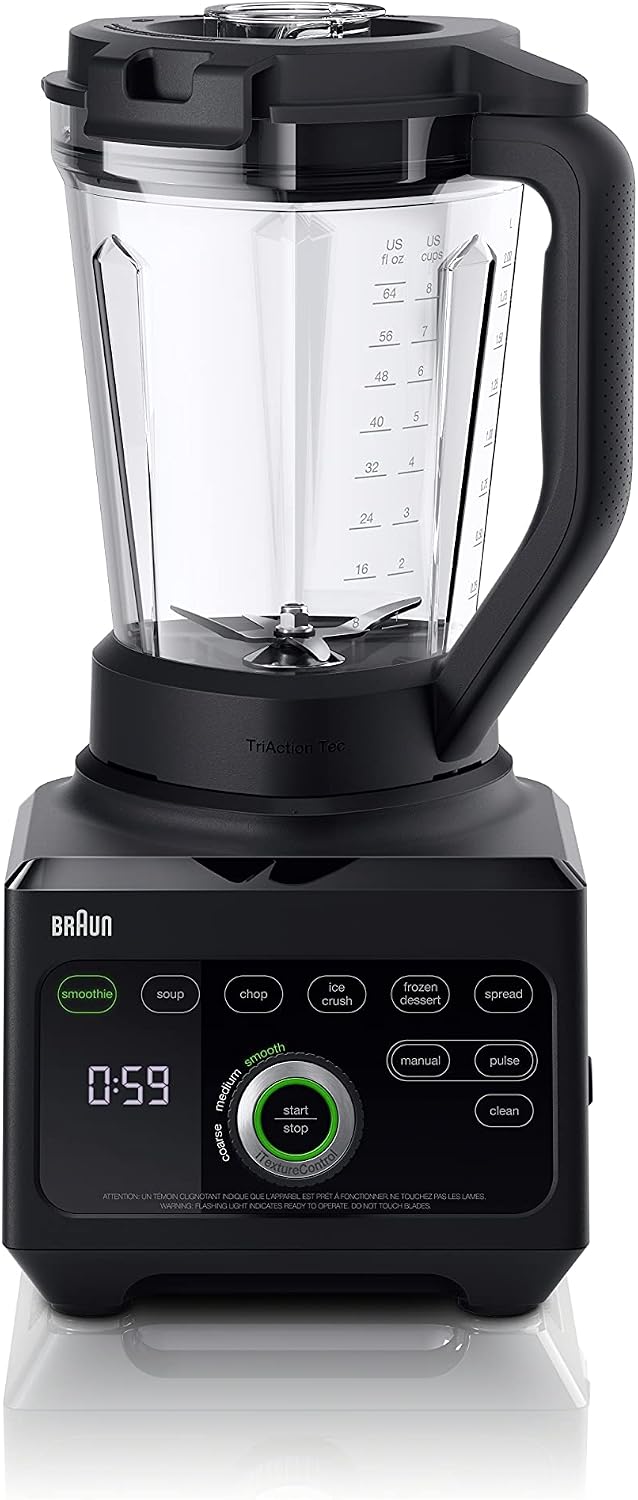 Braun TriForce Power Blender - Powerful 1600 Watt Countertop Blender with 10 Manual Speeds, 3 Texture & 6 Food Settings, Stainless Steel Blades, Auto-Clean, Heated Blending Function for Soups