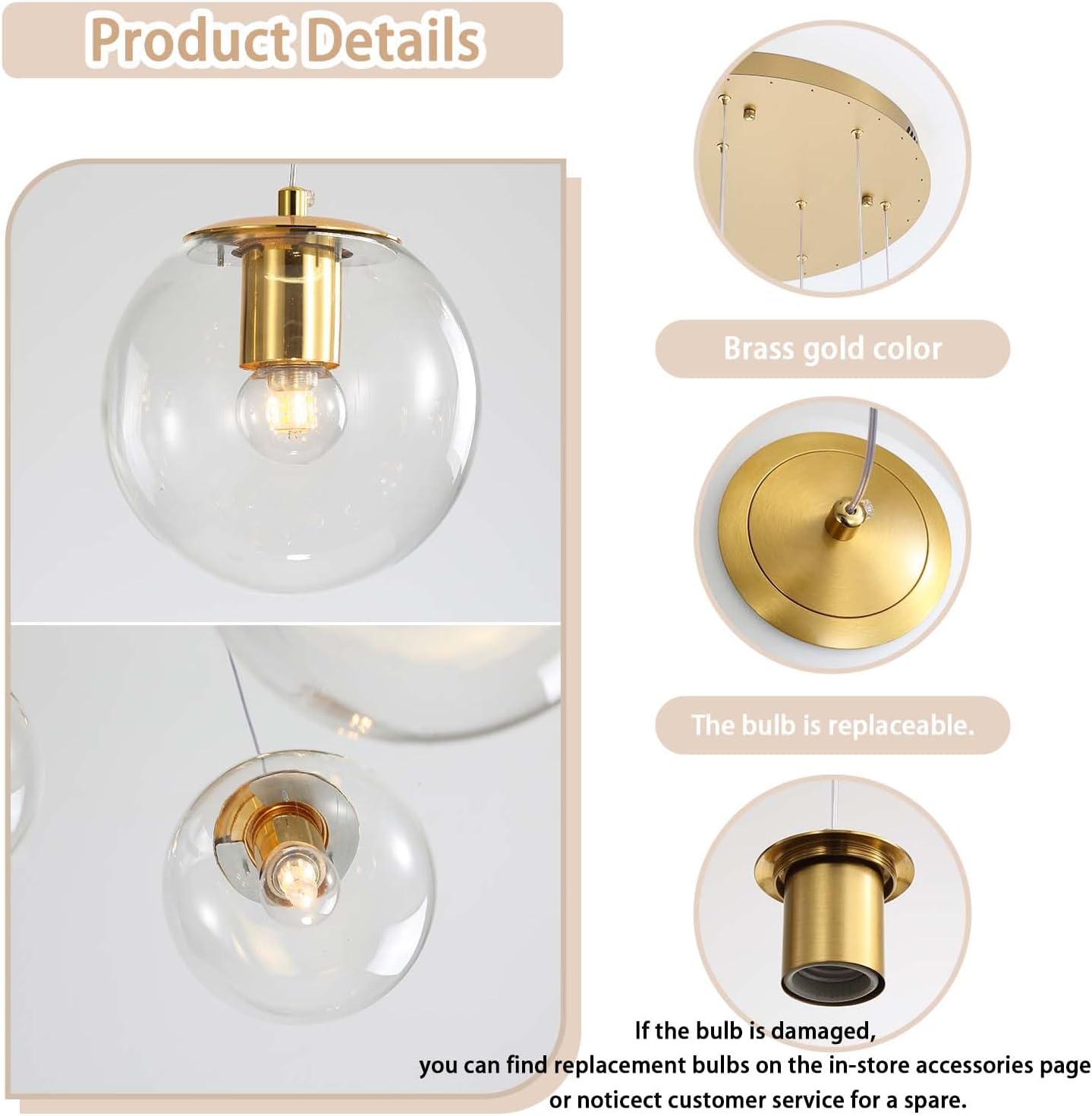 ykolupty 6-Light LED Staircase Modern Glass Globe Pendant Light Gold Chandeliers Large Chandeliers for High Ceilings, Entryway Lighting Fixture Villas and Stairs