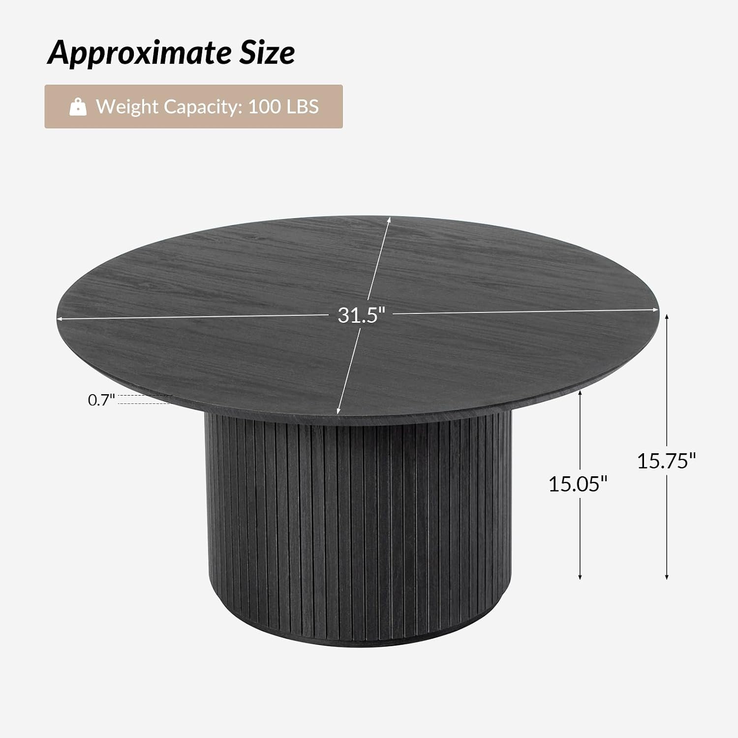 HULALA Home Round Coffee Table, Wood Coffee Table with Vertical Slat Base, Modern Coffee Table for Living Room and Lounge Room, Charcoal