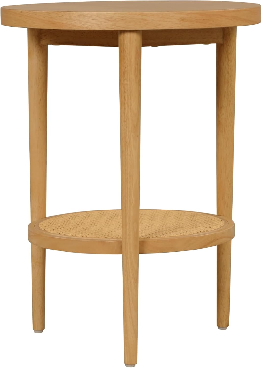 Nathan James Sonia Boho Round Accent End Table, Natural Sofa Side Table in Light Wood with Rattan Storage Shelf for Living Room, Bedroom or Nursery, Light Brown, Set of 2
