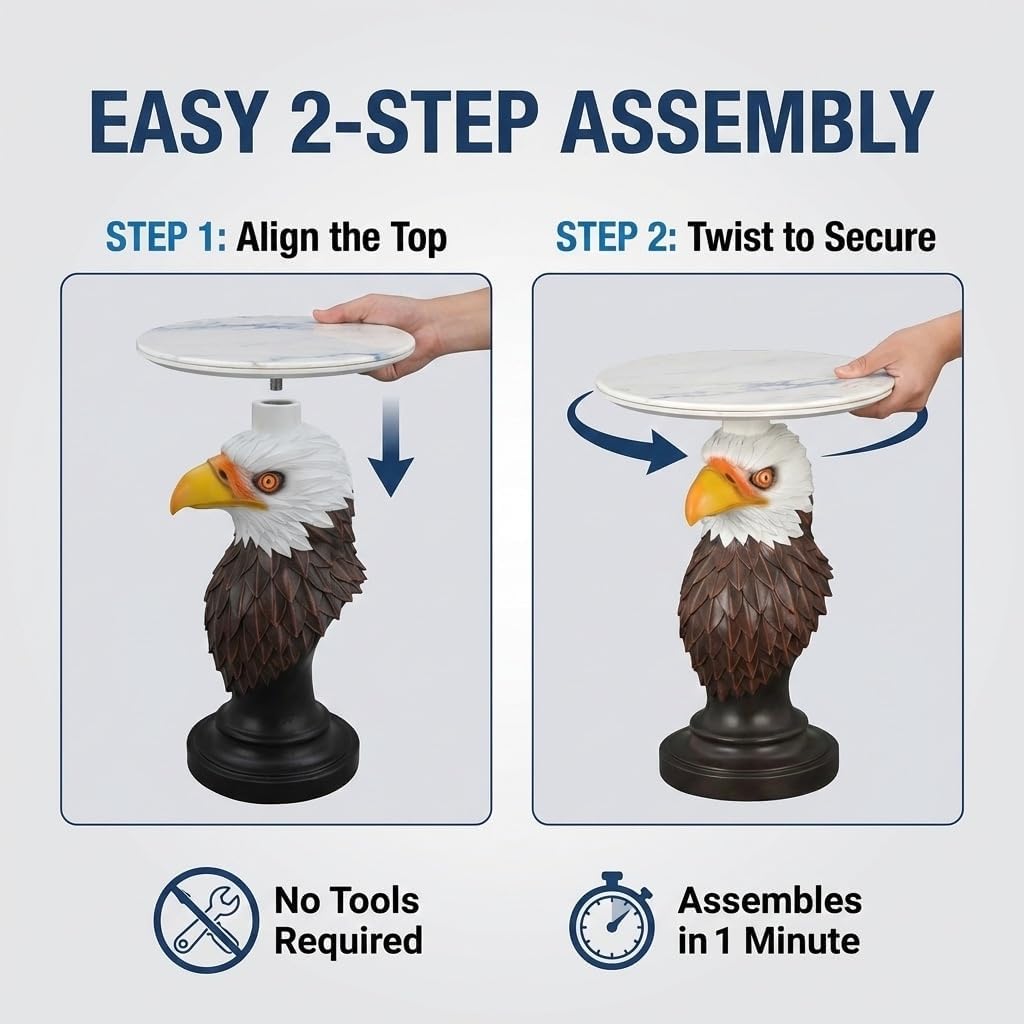 Bald Eagle Sculptural Side Table with Faux Marble Top, 17.72' Round Resin Animal End Table, Unique Eagle Statue Decor for Living Room, Office & Patio, Patriotic Housewarming Gift