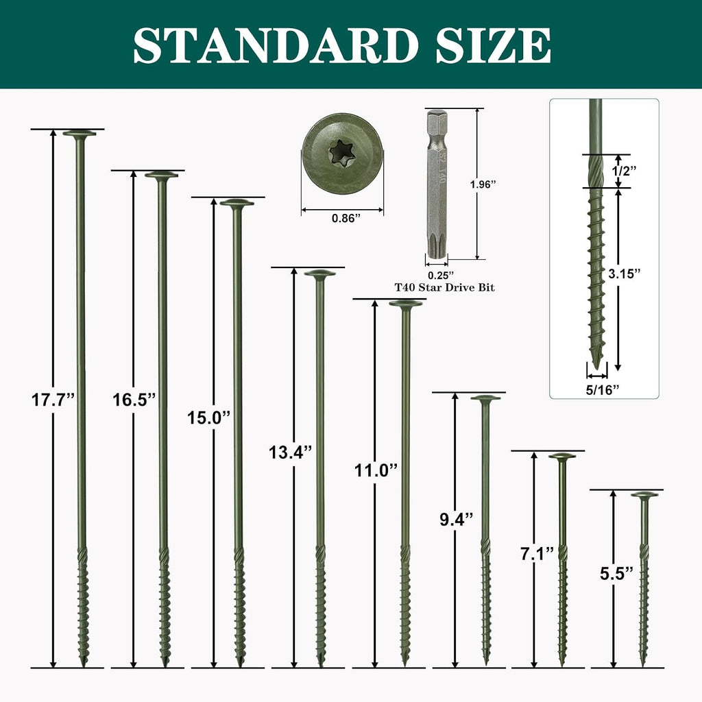 5/16 x 16.5 inch Heavy-Duty Wood Screws, Long Construction Screws for Structural Timber, Exterior Green Coated Rust-Resistant(1500-Hour Tested) Lag Screws for Deck Framing & Fence, Torx Drive 30 PCS