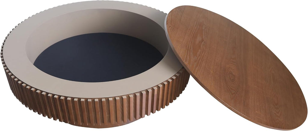 39.37'' Round Coffee Table with Storage, Solid Wood Veneered Modern Drum Coffee Table Accent Tea Table for Living Room, Bedroom, Apartment or Office-Walnut