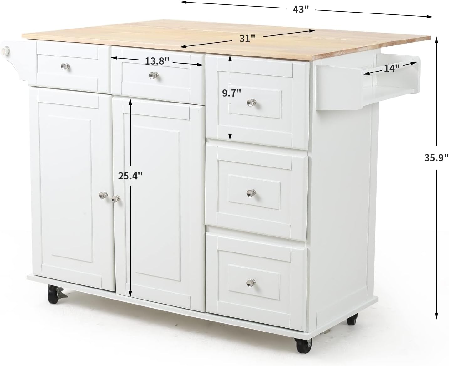 HOMREST 52' Mobil Kitchen Island Cart with Storage, Rolling Island with Drop Leaf and Rubberwood Countertop, Spice Rack, Adjustable Shelves and 5 Drawers, Island Table for Kitchen, White