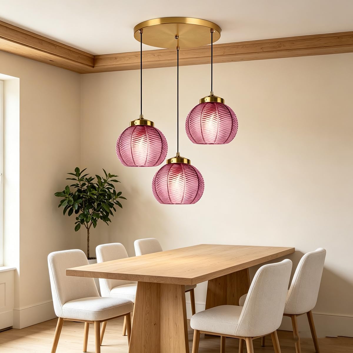 3-Light Purple Glass Pendant Lights - 8.7″ Globe Shade, Hand Blown Glass Hanging Chandelier Cluster Pendant Light Fixtures Adjustable Mid Century Chandeliers Kitchen Island Staircase