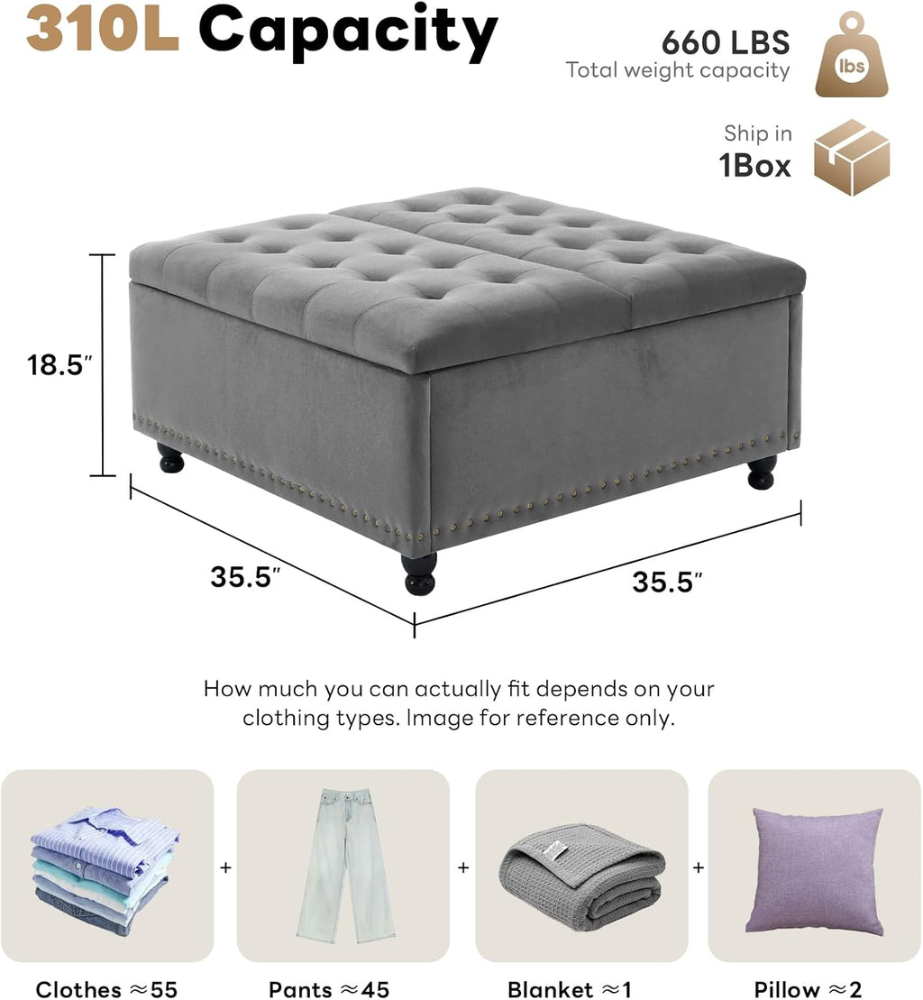 Tbfit Large Square Storage Ottoman Bench, Tufted Upholstered Coffee Table Ottoman with Lift Top & Wooden Legs, Oversized Storage Ottomans Toy Box for Living Room (Gray-Velvet)