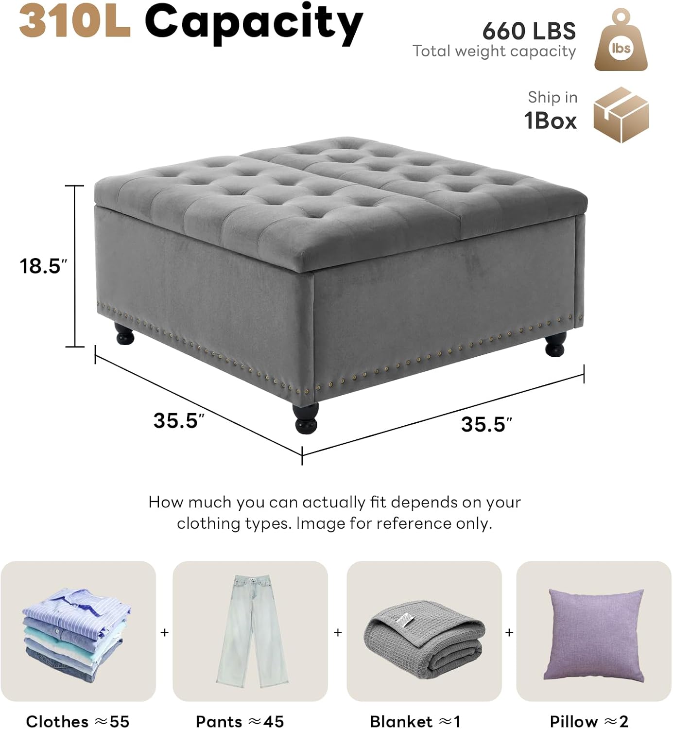 Tbfit Large Square Storage Ottoman Bench, Tufted Upholstered Coffee Table Ottoman with Lift Top & Wooden Legs, Oversized Storage Ottomans Toy Box for Living Room (Gray-Velvet)