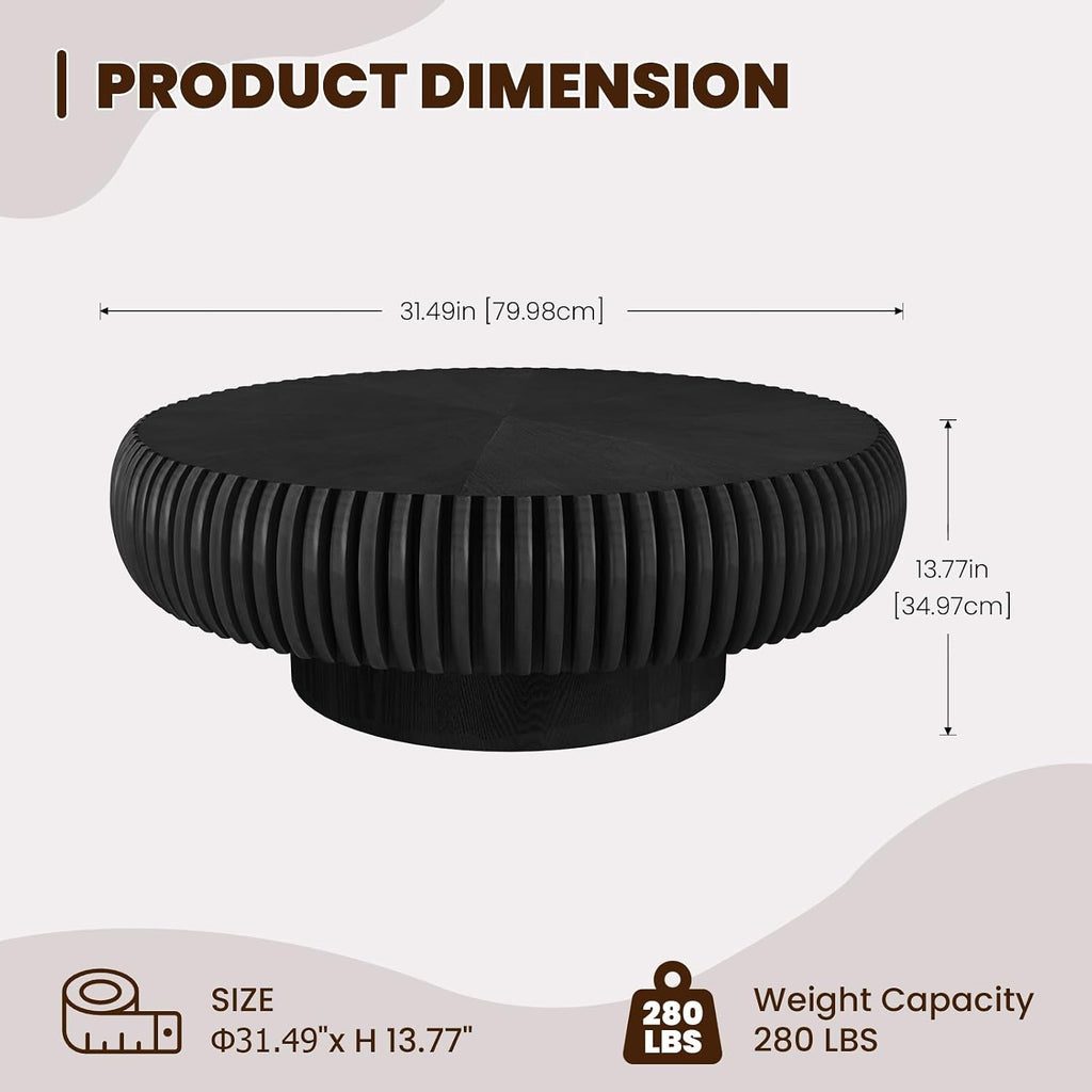 Round Drum Coffee Table for Living Room, Mid Century Modern Coffee Table with Sturdy Pedestal, Farmhouse Fluted Circle Center Table Accent Tea Table for Apartment (31.5' Black)