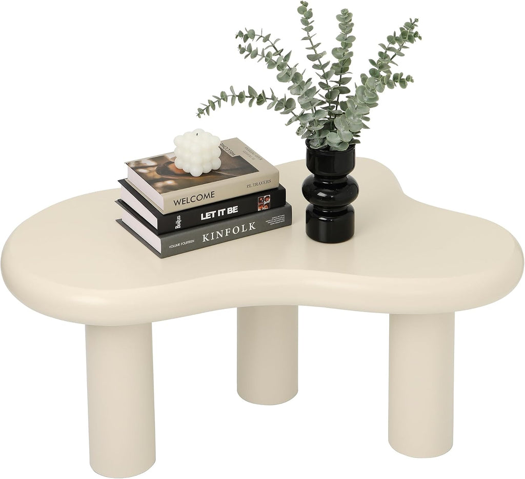 34'(L) Cloud Coffee Table, Modern Wood Coffee Table for Living Room, Accent Center Tables with 3 Legs, Small Tea Tables for Balcony, Patio, Bedroom, Cream White